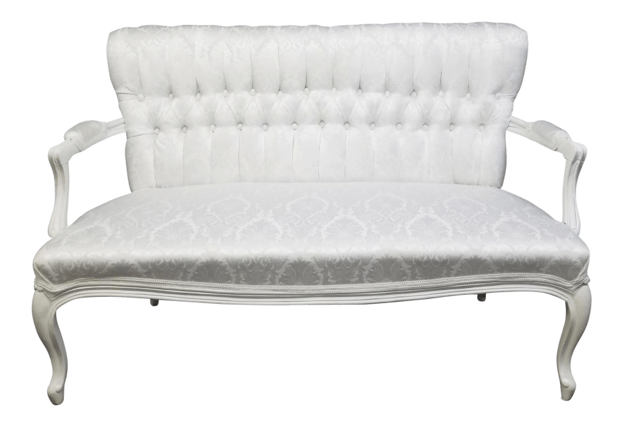 White Damask Sweetheart Settee | Uniquely Chic Vintage Rentals