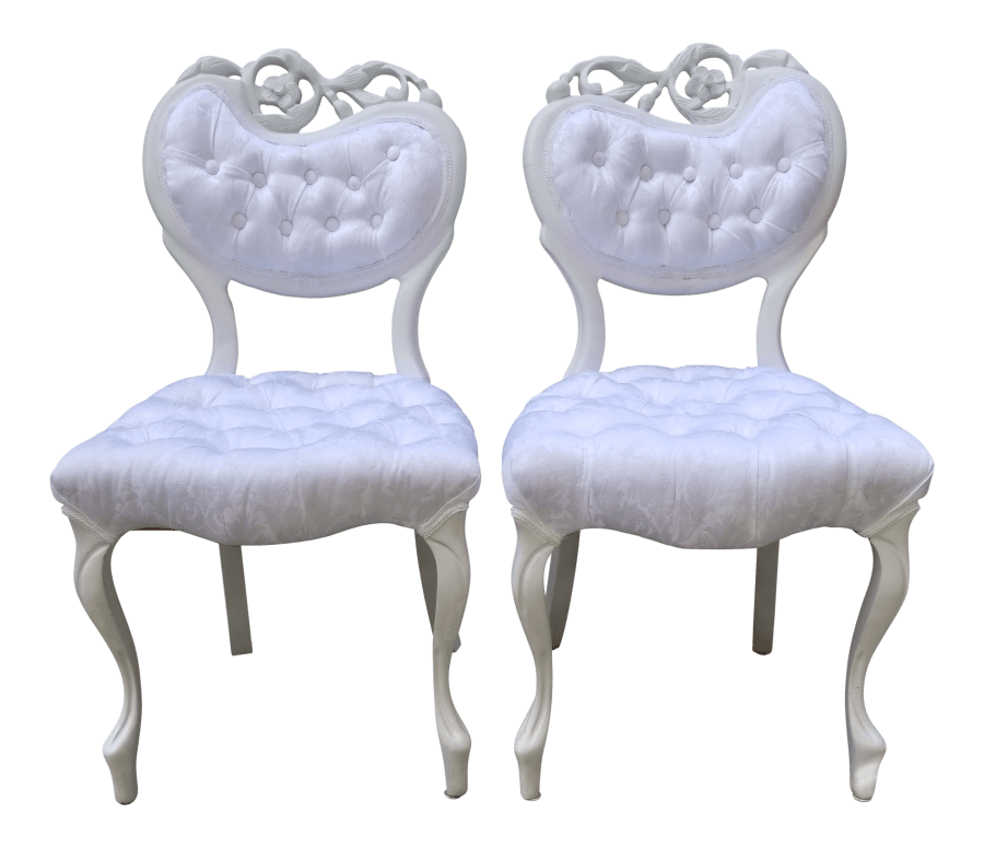 White Damask Sweetheart Chairs | Uniquely Chic Vintage Rentals