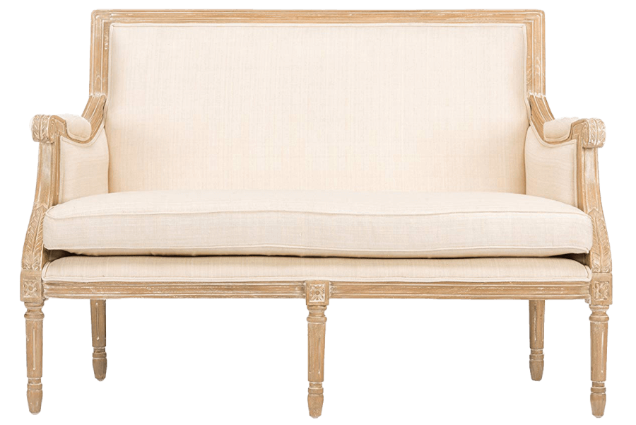 Ivory Linen Natural Wood Settee | Uniquely Chic Vintage Rentals