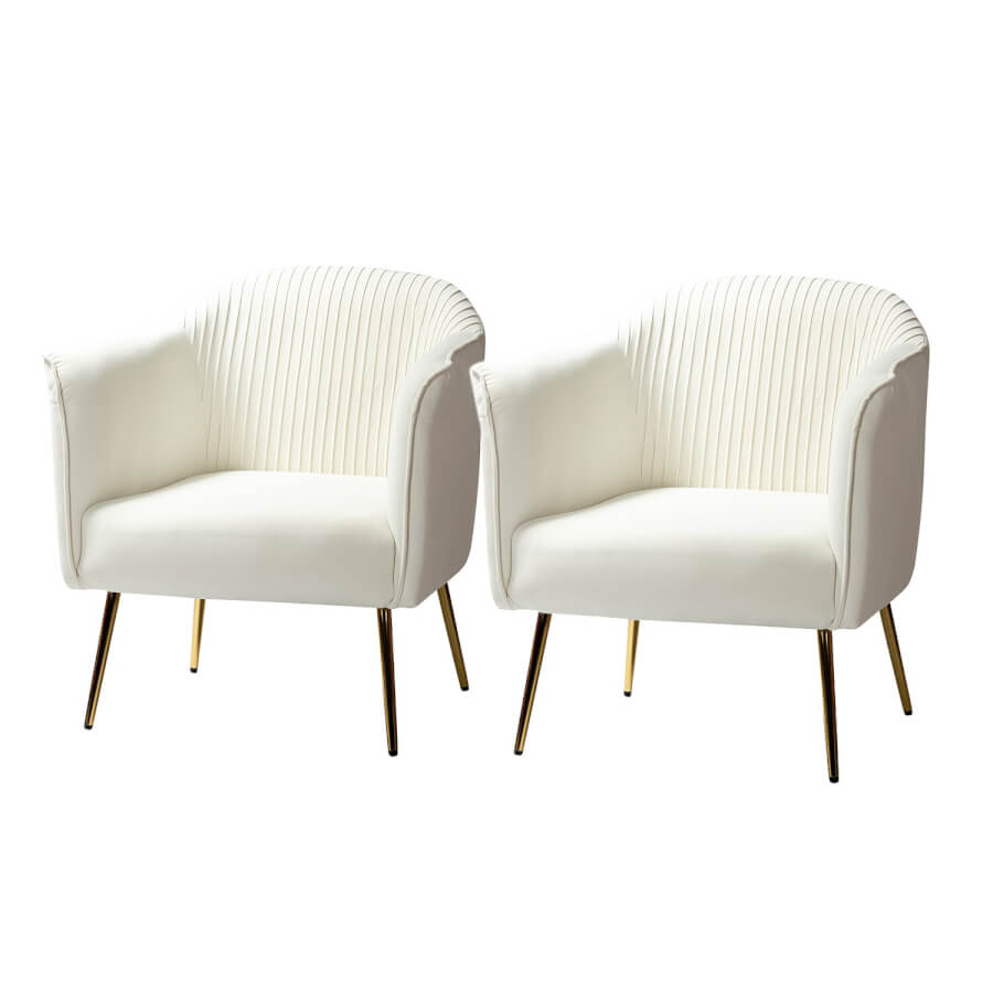 White Pleated Velvet & Gold Armchairs