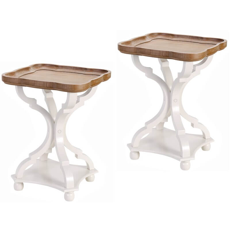 French White & Oak Scroll End Tables