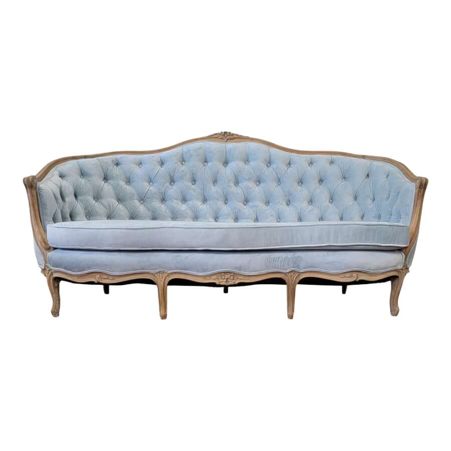 French Dusty Blue Tufted Velvet Sofa