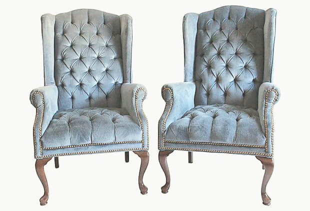 French Dusty Blue Velvet Tufted Armchairs