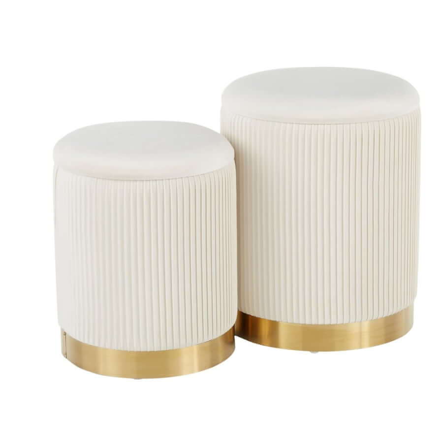 White & Gold Pleated Ottomans