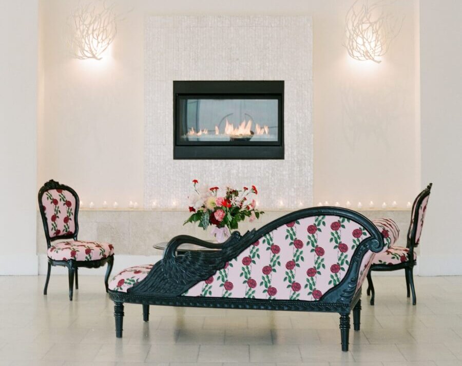 Spoon Flower sofa and chairs in front of a modern fireplace